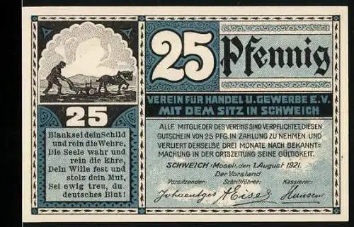 Notgeld Schweich 1921, 25 Pfennig, Verein für Handel u. Gewerbe, Abbildung von Fähre und Landschaft