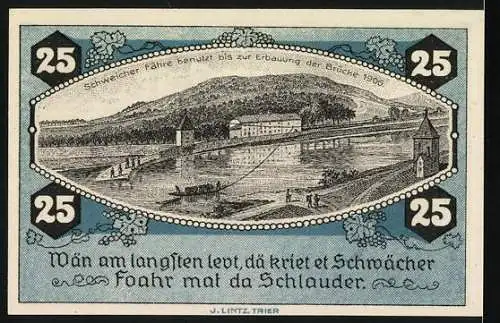 Notgeld Schweich 1921, 25 Pfennig, Verein für Handel u. Gewerbe, Abbildung von Fähre und Landschaft