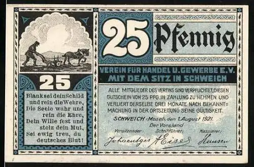 Notgeld Schweich 1921, 25 Pfennig, Verein für Handel und Gewerbe E.V., Schweicher Fähre und Sprüche