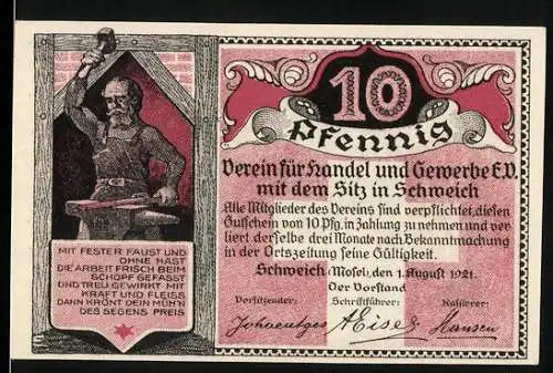 Notgeld Schweich 1921, 10 Pfennig, Verein für Handel und Gewerbe e.V. mit Hoch-Kreuz Illustration