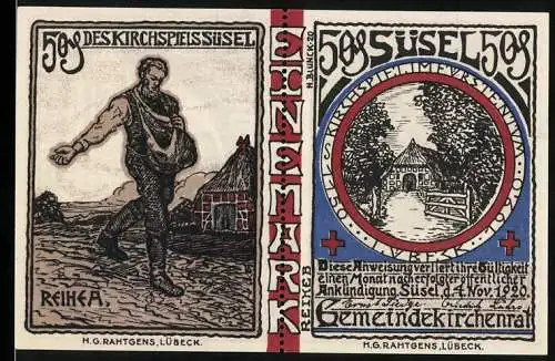 Notgeld Süsel 1920, 2x50 Pfennig, Kirche und landwirtschaftliche Szenen, gestaltet von H.G. Rahtgens, Lübeck