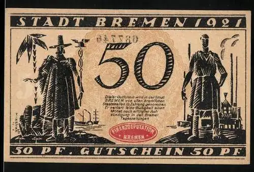 Notgeld Bremen 1921, 50 Pfennig, Szenen mit Stadtansicht und Figuren, Serienschein mit Unterschriften