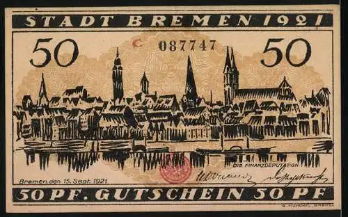 Notgeld Bremen 1921, 50 Pfennig, Szenen mit Stadtansicht und Figuren, Serienschein mit Unterschriften