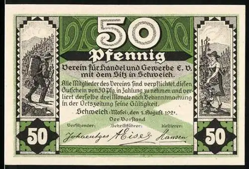 Notgeld Schweich 1921, 50 Pfennig, Verein für Handel und Gewerbe, Weinlese und Landschaftsmotive