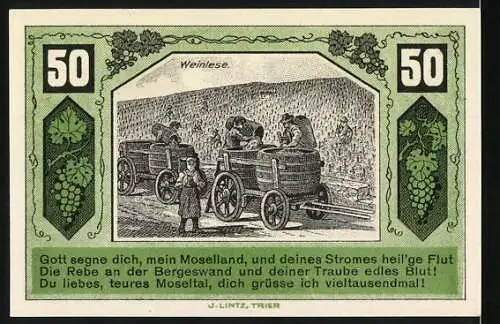 Notgeld Schweich 1921, 50 Pfennig, Verein für Handel und Gewerbe, Weinlese und Landschaftsmotive