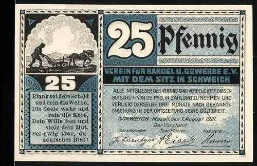 Notgeld Schweich 1921, 25 Pfennig, Verein für Handel und Gewerbe e.V. mit Schweicher Fähre und Gedicht