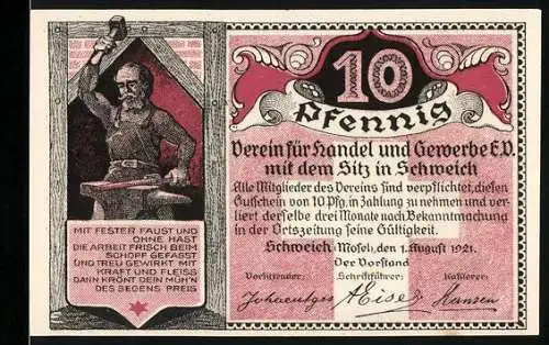 Notgeld Schweich 1921, 10 Pfennig, Verein für Handel und Gewerbe, Hoch-Kreuz bei Schweich