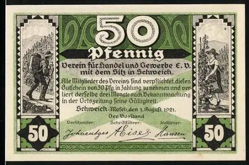 Notgeld Schweich, 1921, 50 Pfennig, Verein für Handel und Gewerbe, Weinlese, Moseltal, Reben