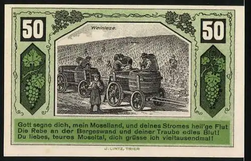 Notgeld Schweich, 1921, 50 Pfennig, Verein für Handel und Gewerbe, Weinlese, Moseltal, Reben