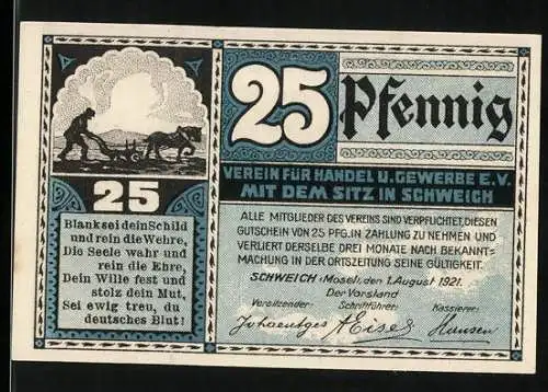 Notgeld Schweich 1921, 25 Pfennig, Verein für Handel u. Gewerbe e.V. mit Brücke von 1906 und Gedicht