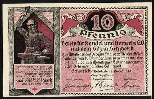 Notgeld Schweich, 1921, 10 Pfennig, Hoch-Kreuz bei Schweich erbaut 1774 und Verein für Handel und Gewerbe e.V