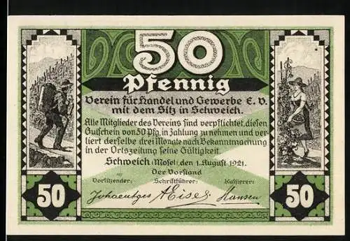 Notgeld Schweich 1921, 50 Pfennig, Verein für Handel und Gewerbe, Weinlese und Moselland