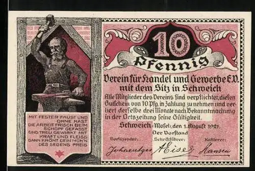 Notgeld Schweich, 1921, 10 Pfennig, Verein für Handel und Gewerbe, Hoch-Kreuz bei Schweich, erbaut 1774