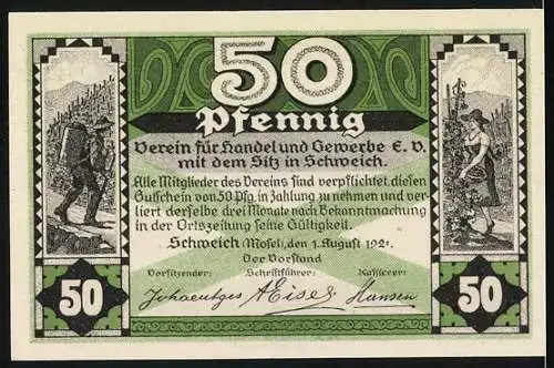 Notgeld Schweich, 1921, 50 Pfennig, Weinlese und Moselland, Verein für Handel und Gewerbe E.V