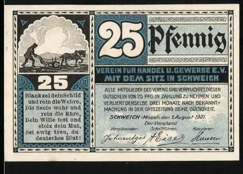 Notgeld Schweich 1921, 25 Pfennig, Verein für Handel und Gewerbe e.V. mit Abbildung einer Fähre und Brücke