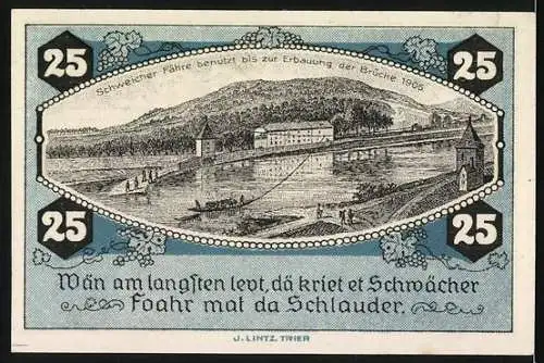 Notgeld Schweich 1921, 25 Pfennig, Verein für Handel und Gewerbe e.V. mit Abbildung einer Fähre und Brücke