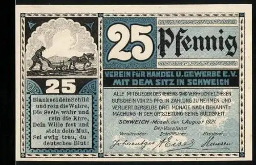 Notgeld Schweich 1921, 25 Pfennig, Verein für Handel u. Gewerbe e.V., Darstellung der Schweicher Fähre und Sprichwort