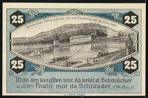 Notgeld Schweich 1921, 25 Pfennig, Verein für Handel u. Gewerbe e.V., Darstellung der Schweicher Fähre und Sprichwort