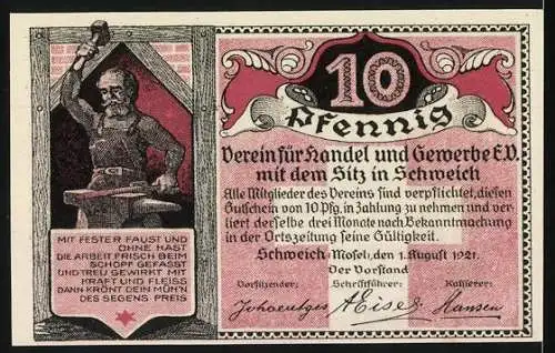 Notgeld Schweich 1921, 10 Pfennig, Hoch-Kreuz bei Schweich erbaut 1774, Verein für Handel und Gewerbe e.V