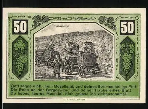 Notgeld Schweich 1921, 50 Pfennig, Weinlese und Moselland-Segen, Verein für Handel und Gewerbe e.V