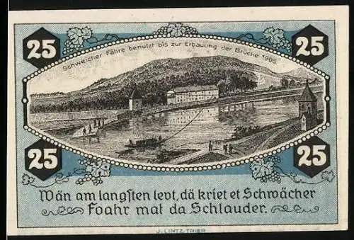 Notgeld Schweich 1921, 25 Pfennig, Fähre und Pflüger-Motiv, Rückseite Text und Unterschriften