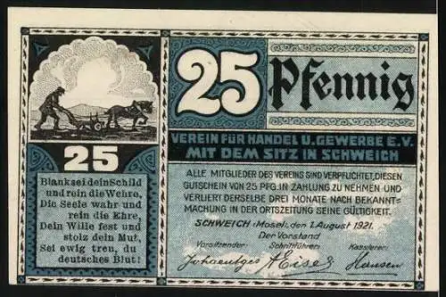 Notgeld Schweich 1921, 25 Pfennig, Fähre und Pflüger-Motiv, Rückseite Text und Unterschriften