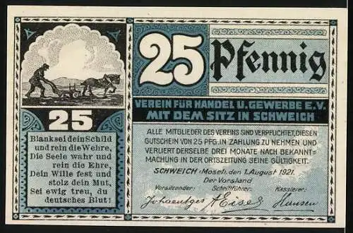 Notgeld Schweich, 1921, 25 Pfennig, Schwaicher Fähre und Vereinsinformationen