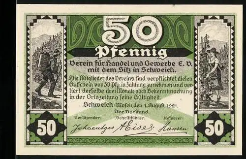 Notgeld Schweich 1921, 50 Pfennig, grüne Scheine mit Weinlese- und Handwerksszenen