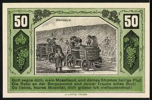 Notgeld Schweich 1921, 50 Pfennig, grüne Scheine mit Weinlese- und Handwerksszenen