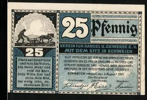 Notgeld Schweich 1921, 25 Pfennig, Verein für Handel und Gewerbe e.V., Motiv Fähre und lebendiges Sprichwort