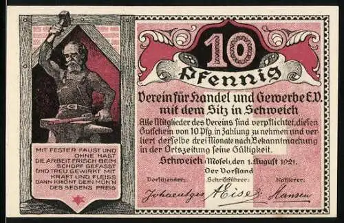 Notgeld Schweich, 1921, 10 Pfennig, Verein für Handel und Gewerbe e.V. und Hoch-Kreuz bei Schweich erbaut 1774