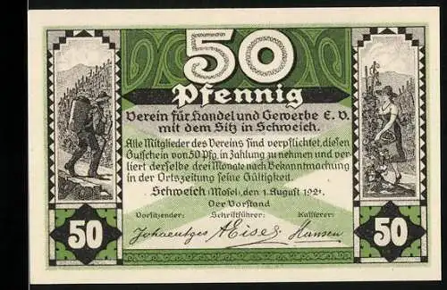 Notgeld Schweich, 1921, 50 Pfennig, Verein für Handel und Gewerbe e.V., Weinlese-Szene und Text auf Rückseite