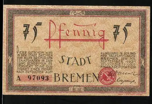 Notgeld Bremen, 1921, 75 Pfennig, Stadtansicht und Bremer Wappen