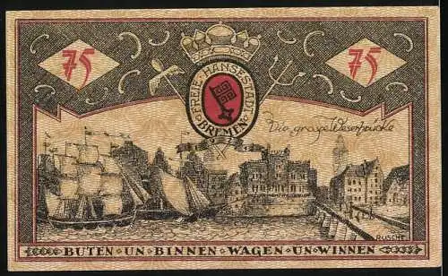 Notgeld Bremen, 1921, 75 Pfennig, Stadtansicht und Bremer Wappen