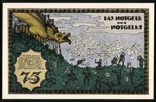 Notgeld Kahla 1921, 75 Pfennig, Deutsche Not-Geld Ausstellung - Drachenmotiv und Veranstaltung auf der Leuchtenburg