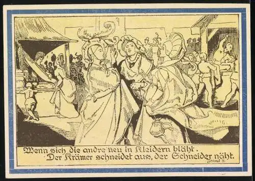 Notgeld Weimar, 1921, 75 Pfennig, Engelmotiv mit Harfe und Schneider-Szene auf der Rückseite