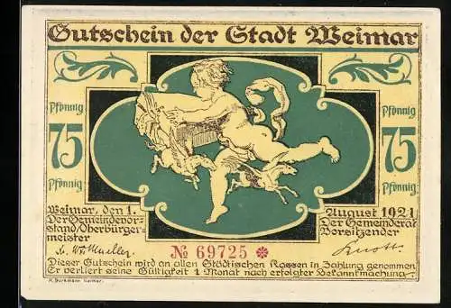 Notgeld Weimar, 1921, 75 Pfennig, Gutschein mit nacktem Mann auf Löwe und Szene mit Menschenmassen auf der Rückseite