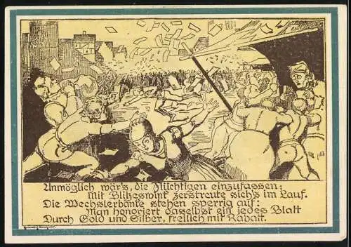 Notgeld Weimar, 1921, 75 Pfennig, Gutschein mit nacktem Mann auf Löwe und Szene mit Menschenmassen auf der Rückseite