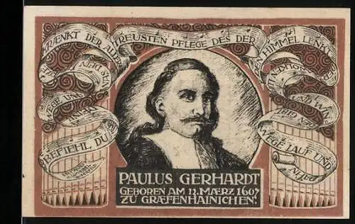Notgeld Gräfenhainichen, 1921, 50 Pfennig, Paulus Gerhardt Geburtshaus und Stadtansicht