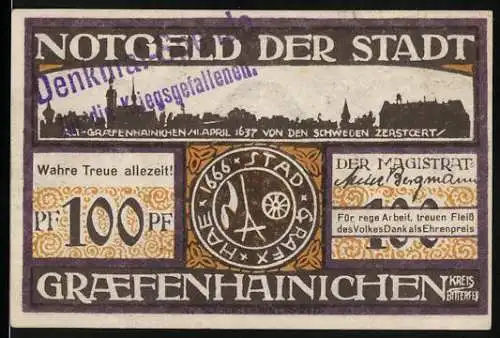 Notgeld Gräfenhainichen, 100 Pf, Paulus Gerhardt, Stadtansicht und Widmung, 1666, überstempelt