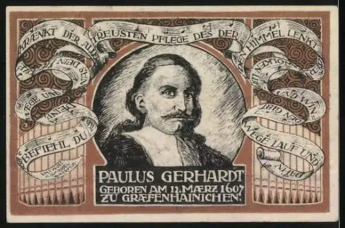 Notgeld Gräfenhainichen, 100 Pf, Paulus Gerhardt, Stadtansicht und Widmung, 1666, überstempelt