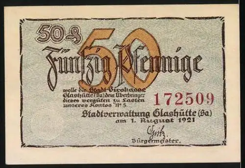 Notgeld Glashütte 1921, 50 Pfennig, Uhr und Spruch Eins, zwei, drei im Gänseschritt geht die Zeit und wir gehn mit.