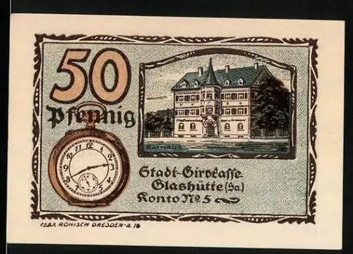 Notgeld Glashütte 1921, 50 Pfennig, Rathaus und Taschenuhr, Seriennummer 098510
