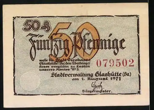 Notgeld Glashütte (Sa), 1921, 50 Pfennig, Vorderseite mit Sternwarte und Taschenuhr, Rückseite mit Seriennummer 079502