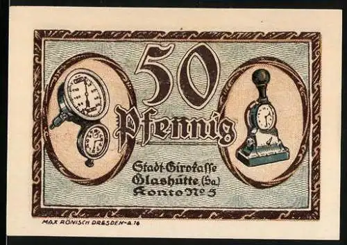 Notgeld Glashütte 1921, 50 Pfennig, Konsole mit Uhren und Seriennummer 186099