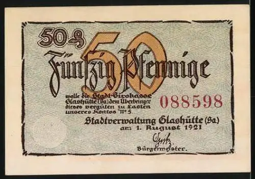 Notgeld Glashütte 1921, 50 Pfennig, Uhr und Rechenschieber, Seriennummer 088598