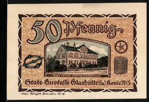 Notgeld Glashütte 1921, 50 Pfennig, Deutsche Uhrmacherschule und Seriennummer 107099