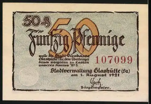 Notgeld Glashütte 1921, 50 Pfennig, Deutsche Uhrmacherschule und Seriennummer 107099