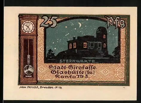 Notgeld Glashütte 1921, 25 Pfennig, Sternwarte und Stadt-Girokasse