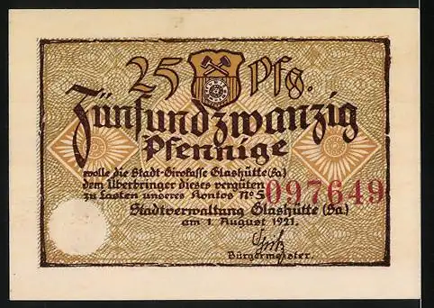 Notgeld Glashütte (Sa), 1921, 25 Pfennig, Wie die Spannung so die Kraft, Kontonummer 5, Seriennummer 907649